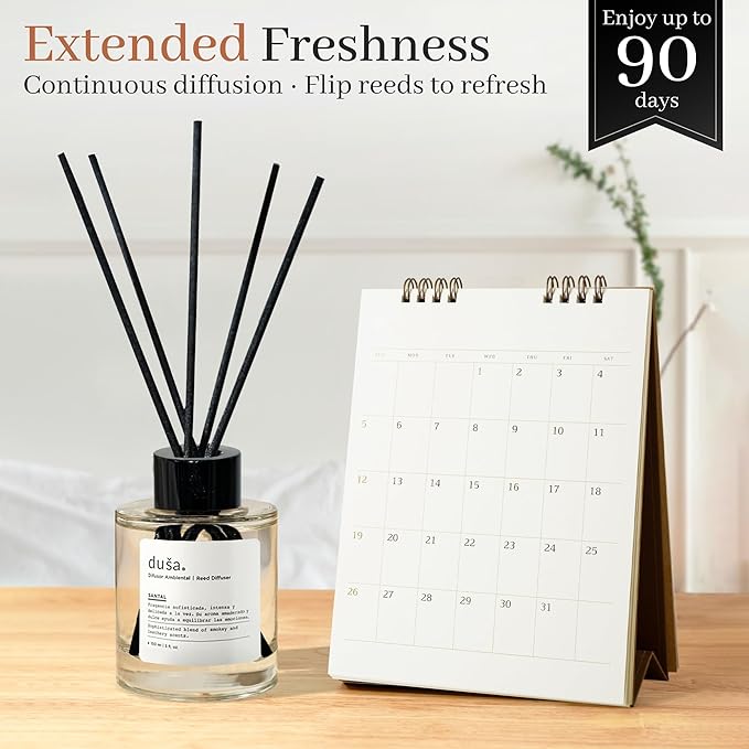 Duša Santal Reed Diffuser & Sticks - 5 Fl Oz Essential Home Fragrance Decor for Bathroom, Office & Living Spaces – Stylish & Long-Lasting Room Air Freshener -Ideal for Housewarming & Special Occasions