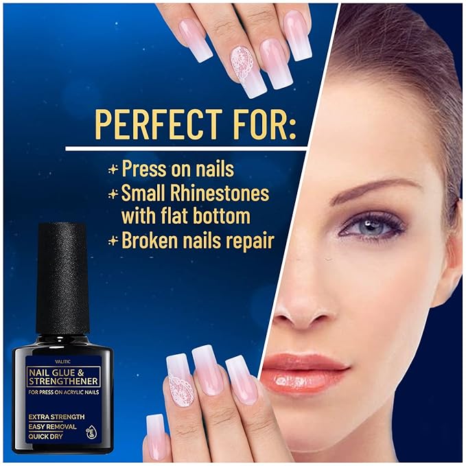 Valitic Strong Nail Glue and Strengthener for Acrylic and Press On Nails - Quick Dry Brush On Gel for Long Lasting Effect - Adhesive Nail Bond for False Nails with Tips Strengthener - 4 PACK