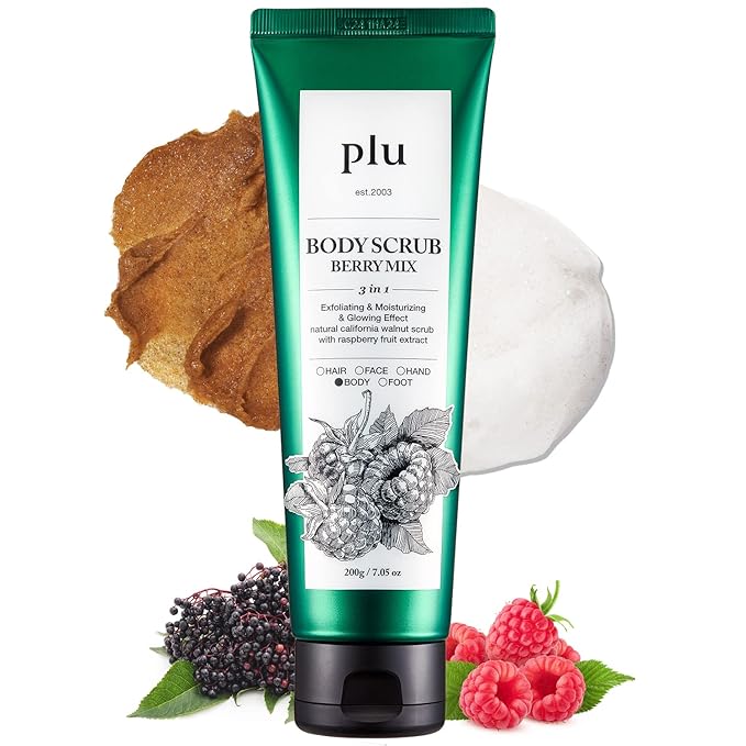 PLU Korean Original Walnut Body Scrub Polish - Berry Mix - Exfoliating & Moisturizing & Glow - for Acne, Cellulite, Stretch Marks, Spider Veins - Sweet Raspberry & Acai Berry Scent, 6.76 oz.