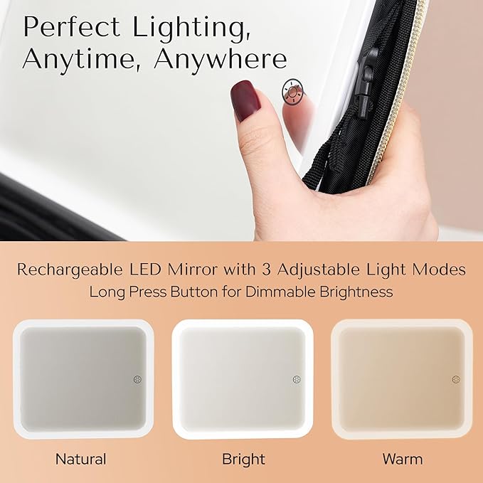 Makeup Bag with LED Mirror – Travel Cosmetic Organizer with Lighted Mirror, Adjustable Dividers & Brush Holder Storage – Portable PU Leather Makeup Case for Women & Girls - Cream