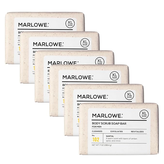 MARLOWE. No. 102 Body Scrub Soap 7 oz (6 Bars), Santal, Exfoliating Soap Bar with Shea Butter, Olive Oil & Green Tea Extracts, Cleanses, Smooths & Revitalizes Skin, Warm Amber, Spice & Citron Scent