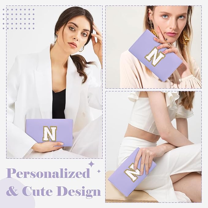 Personalized Makeup Bag Initial A-Z Preppy Patch Bag,Small PU Leather Travel Cosmetic Bag Pouch with Zipper,Purple Cute Toiletry Bag,Gift Ideal for Teen Girls Women Birthday Friend Mom,Latter N