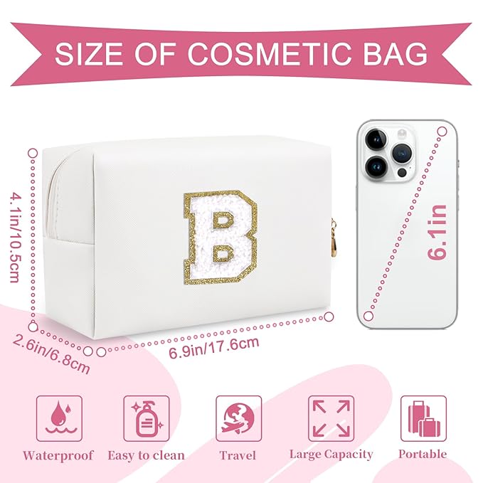 Small Personalized Initial A-Z Preppy Patch Makeup Bag,White PU Chenille Letter Travel Cosmetic Pouch with Zipper,Cute Toiletry Bag,Gift Ideal for Teen Girls Women Teacher Bridesmaid,Letter B