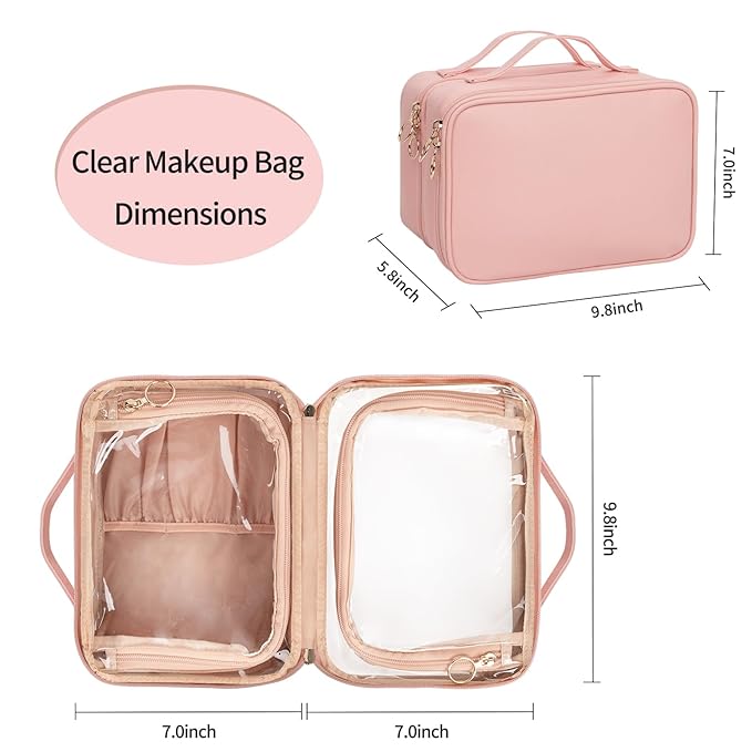 OCHEAL Makeup Bag, Double Layer Cosmetic Bag, Large Capacity New Look Clear Cosmetic Case for Women Travel Beauty Essentials, Multiple Compartments Make up Organizer Zipper Pouch- Pink