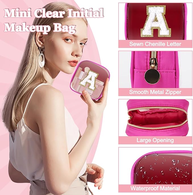 Mini Clear Personalized Initial Makeup Bag,Nylon Preppy A-Z Chenille Letter Patch Zipper Cosmetic Bag, Small Cute Beach Pouch Travel Purse Sanitary Napkin Storage Bag for Women Girls(Hot Pink-White A)