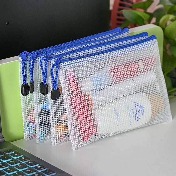 AUSTARK 10 Pcs Zipper File Bags, Waterproof Plastic Mesh Pouch for Office School, Board Game Storage Bags (B6 Size 7.6''x5.3'', White and Blue)