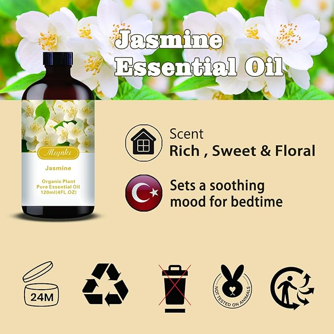 Jasmine Essential Oil-Jasmine Fragrance Oil 4.33oz (130ml)-100% Pure Natural Scent for Diffusers, Candles, Soap Making & Aromatherapy-Relaxing Home & Gift Essential Oil for Bath, Massage