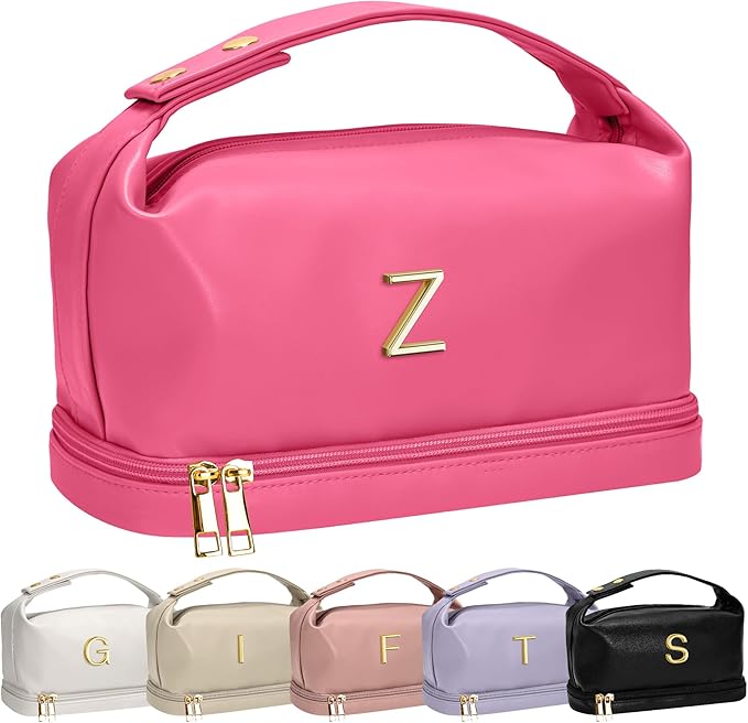 Teen Girl Gifts Trendy Stuff, Personalized Makeup Bag with Handle, Initial Double Layer Cosmetic Bag with Makeup Brush Organizer, Cute Cosmetic Pouch for Women, Gift Ideas for Co Workers