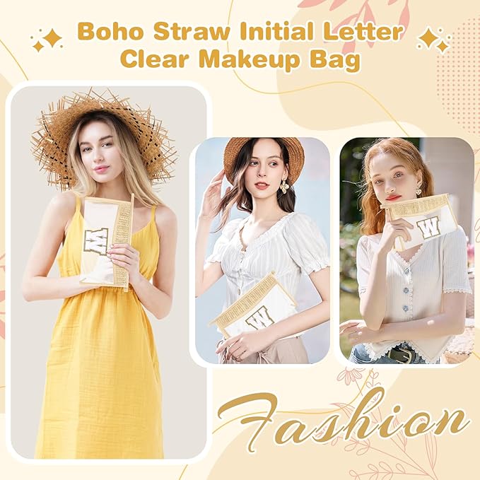 Personalized Initial Letter Bag Boho Straw Clear Makeup Bag,Small Cute Chenille Varsity Letter Bag With Zipper,Beach Travel Toiletry Bag,Portable Monogrammed Cosmetic Bag for Women Girls,W