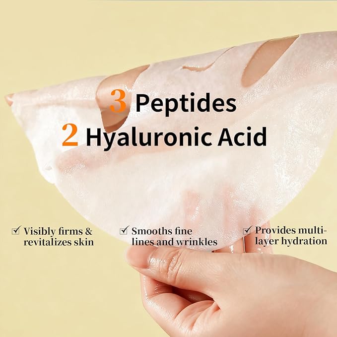 Firming and Moisturizing Sheet Face Masks (Pack of 10) with Hyaluronic Acid and Peptides, Reduce Fine Lines and Wrinkles, Hydrating & Anti-Aging Spa Face Mask, Facial Skin Care