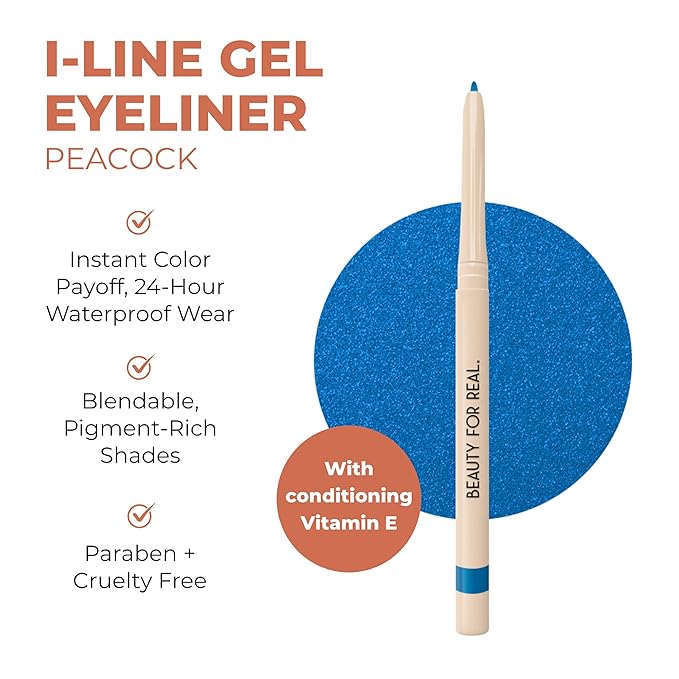Beauty For Real I-Line 24-7 Eyeliner, Peacock - Rich, Brilliant Blue - Long-Wearing, Waterproof Gel Formula - Safe for Sensitive Eyes & Contact Lens Wearers - 0.01 oz