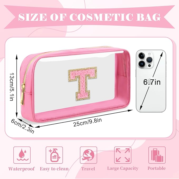 Personalized Initial Letter Clear Makeup Bag,Preppy Small Nylon&PVC Cosmetic Zipper Bag with Chenille Letter,Portable Beach Travel Skincare Toiletry Bag,Trendy Monogram Gift for Teen Girls Women,T