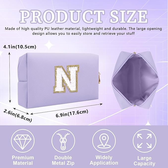 Iqimott Personalized Initial Letter Patch Makeup Bag, Preppy Small Chenille Letter Cosmetic Bag with Zipper, PU Leather Waterproof Travel Toiletry Bag Monogram Make Up Pouch for Women Girls(Letter N)