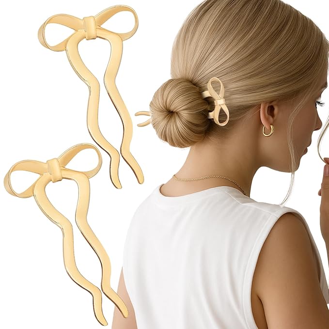 2PCS 5.5Inch Bow French Hair Pins Large U-Shaped Pins for Women and Girls Fashion Metal Hair Pin French Twist Hair Pins for Buns, Updos,Stylish and Functional(set5-gold)