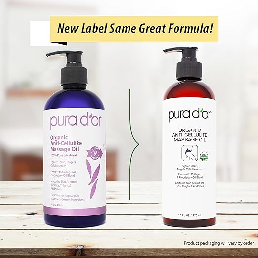 PURA D’OR 16 Oz Organic Anti-Cellulite Massage Oil for Toned Legs and Butt - Lemon Peel, Moringa, Grape Seed, Grapefruit & Eucalyptus Oils - Skin Firming & Tightening