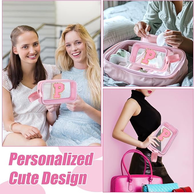 Initial Makeup Bag,Letter P Cute Clear Monogrammed Cosmetic Travel Bag for Womens Girls,Personalized Pink Aesthetic Traveling Make Up Organizer Bag for Beach,Waterproof Toiletry Bag