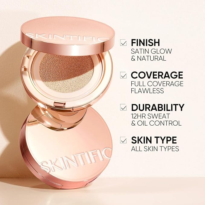 Full Coverage Cushion Foundation, Weightless, Skin Fit, Satin Glow Finish, Oil-Control Waterproof Foundation, Sweatproof Flawless BB Cream CC Korean Makeup,Tattoo Cover Up, Buildable(#47N Ebony)