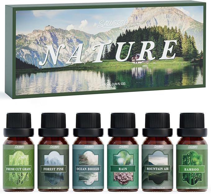 SALUBRITO Nature Fragrance Oils Set, Essential Oils Set - Forest Pine, Ocean Breeze, Rain, Fresh Cut Grass, Mountain Air, Bamboo, Premium Scented Oil for Diffuser, Candle, Soap Making