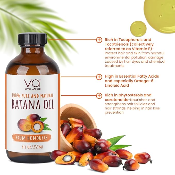 VITAL AFFAIR Batana Oil For Hair Growth-100% Raw Batana Oil From Honduras-Glass Bottle-Skin Hair Oil Rich In Essential Nutrients-Batana Hair Oil For Women & Men-For Strong & Shiny Hair-8 FlOz