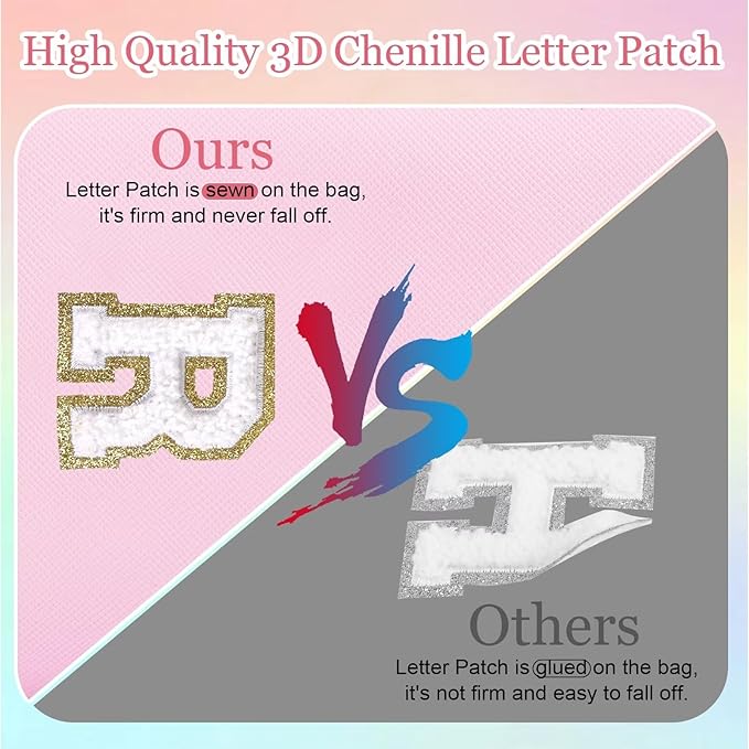 Small Personalized Letter Makeup Bag, Cute PU Leather Chenille Letters Cosmetic Bag Travel Makeup Pouch, Preppy Travel Organizer Zipper Pouch for Women&Girls（Pink-D）
