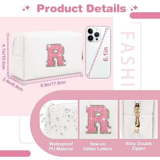 Small Initial Patch Makeup Bag Personalized Gifts Make Up Bag,White Cute PU Leather Glitter Letter Cosmetic Bag with Zipper,Trendy Portable Travel Toiletry Pouch,Preppy Stuff for Teen Girls Women R