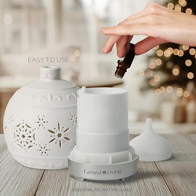 Earnest Living Christmas Ball Essential Oil Diffuser White Ceramic 100 ml Diffuser Home Décor, 7 Color Lights, Timers, Auto Off Cool Mist Humidifier Aromatherapy Diffuser