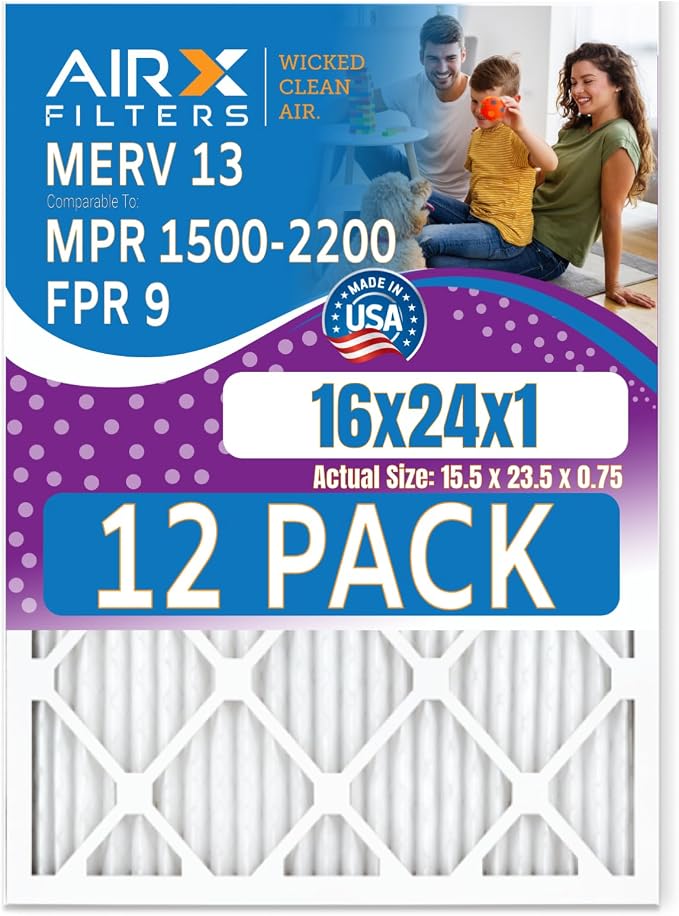 16x24x1 Air Filter MERV 13 Rating, 12 Pack of Furnace Filters Comparable to MPR by AIRXFILTERSWICKEDCLEANAIR