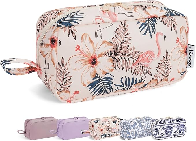 Narwey Cute Makeup Bag Small Toiletry Bag Travel Cosmetic Bag Organizer Make Up Bags with Organized Pockets for Women (Beige Flamingo, Large)