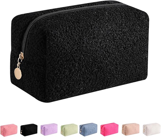JOVAKIT Travel Makeup Bag Cosmetic Bag for Women, Fashion Christmas Gifts, Plush Zipper Make Up Pouch, Large Capacity Toiletry Organizer Makeup, Portable Storage Bag Trendy Stuff (Black)