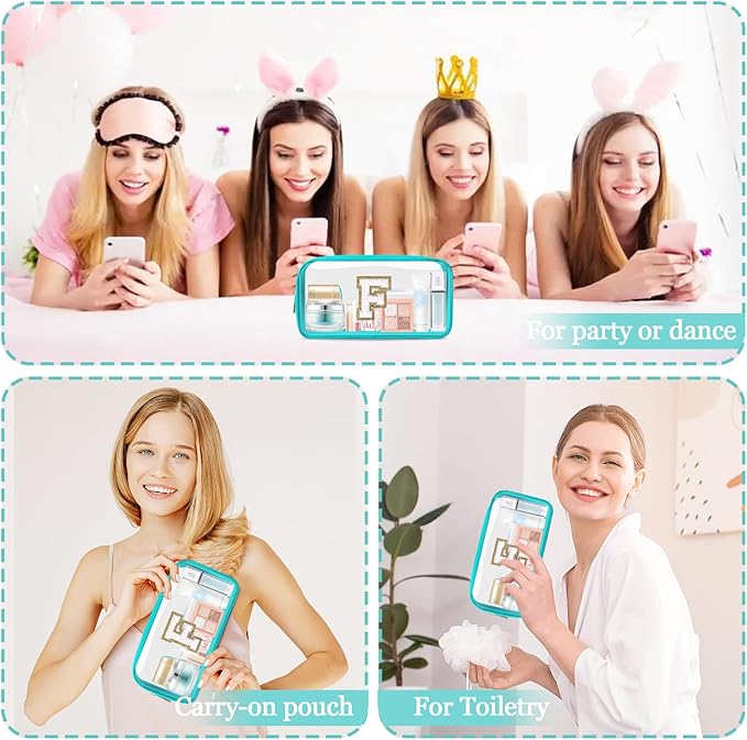 Small Clear Personalized Initial Makeup Bag,Nylon Preppy A-Z Chenille Letter Patch Cosmetic Pouch Beach Toiletry Bag,Waterproof Zipper Travel Purse Storage Bag Organizer for Women Girls(Cyan-White F)