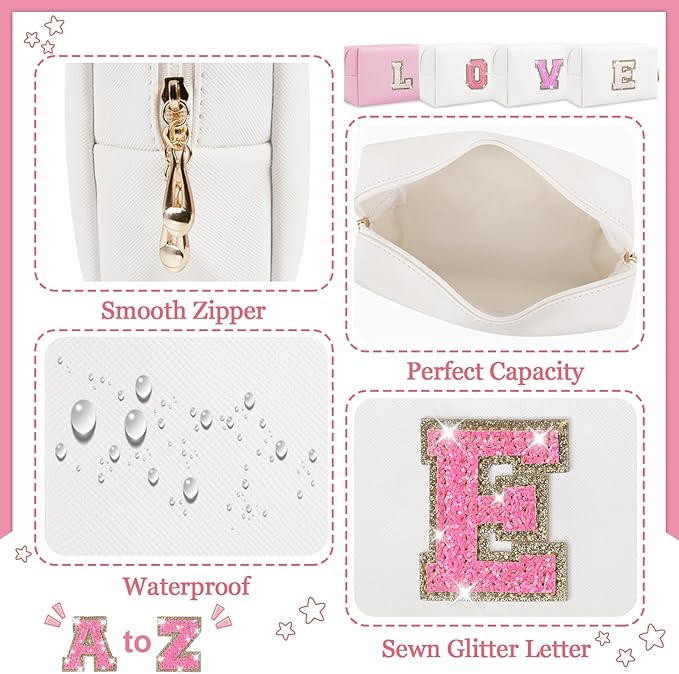 Personalized Initial Letter Makeup Bag, Preppy Glitter Letter Patch Cosmetic Pouch Zipper,PU Waterproof Travel Toiletry Bag Cute Makeup Organizer Monogrammed Make Up Bag,Gift for Women Girls(Letter E)