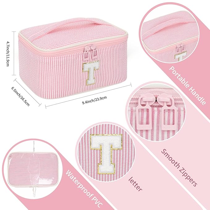 OCHEAL Makeup Bag for Women, Monogram Cosmetic Bag with Brush Holder, Pink Travel Makeup Case Beauty Toiletry Bag Organizer Personalized Gifts for Girls Bridesmaid, Sister, Wife, Friends Initial T