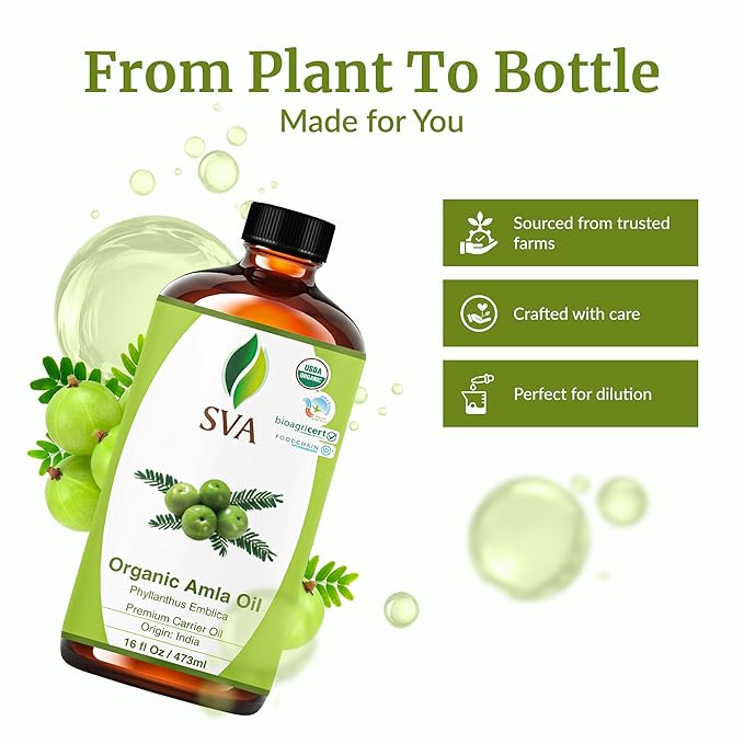 SVA Amla Oil Organic - 16 Fl Oz – 100% Natural Cold Pressed Organic Amla - for Face, Skin Care, Hair Care, Scalp Massage & Body Massage – Carrier Oil
