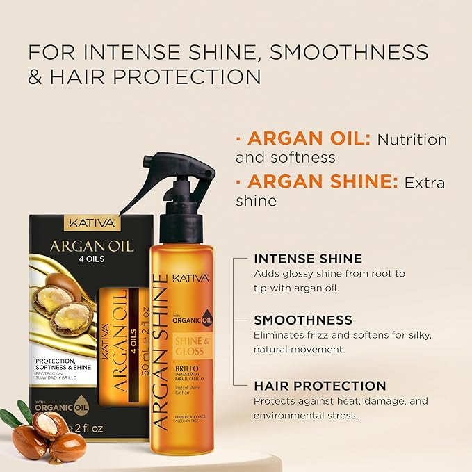 Bundle Argan Shine Hair Treatment 4 oz + Argan Oil 2 oz (2 Pack) – Organic Argan Oil for Intense Shine, Smoothness & Hair Protection