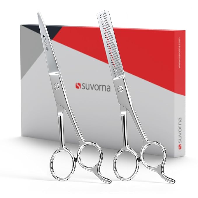 Suvorna 6.5" Professional Hair Scissors Set with Thinning Shears for Hair Dressers, Barbers and Professionals - Extremely Sharp Hair Cutting Scissors Set for Thinning, Layering and Cutting.