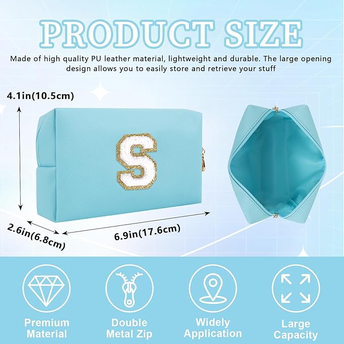 Personalized Initial Letter Patch Makeup Bag, Preppy Portable Chenille Cosmetic Bag with Zipper, PU Leather Waterproof Travel Toiletry Bag Monogram Make Up Pouch for Women Girls