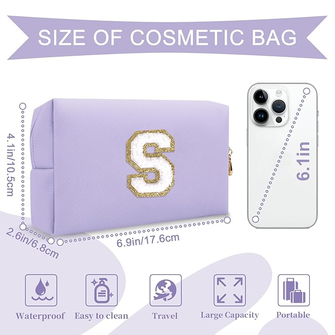 Personalized Makeup Bag Initial A-Z Preppy Patch Bag,Small PU Leather Travel Cosmetic Bag Pouch with Zipper,Purple Cute Toiletry Bag,Gift Ideal for Teen Girls Women Birthday Friend Mom,Latter S