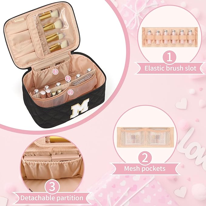 OCHEAL Makeup Bag for Women, Monogram Cosmetic Bag with Brush Holder,Black Travel Makeup Case Beauty Toiletry Bag Organizer Personalized Gifts for Girls Bridesmaid, Sister, Wife, Friends Initial M