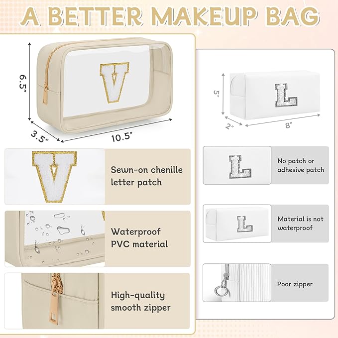 Personalized Initial Clear Makeup Bag, Travel Chenille Patch Cosmetic Bag, Preppy Toiletry Bag Monogram Cosmetic Pouch with Zipper, Ideal Gift for Teen Girls Women (Clear-Beige, V)