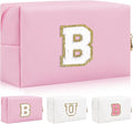 Personalized Initial Letter Patch Makeup Bag, Preppy Portable Chenille Cosmetic Bag with Zipper, PU Leather Waterproof Travel Toiletry Bag Monogram Make Up Pouch for Women Girls