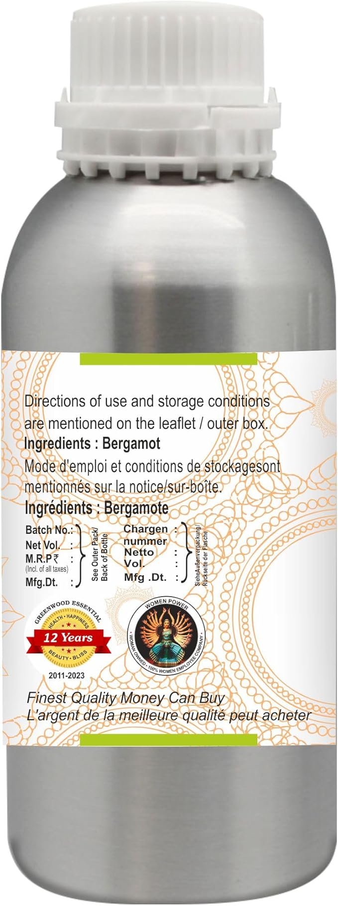 Greenwood Essential Pure Bergamot Essential Oil (Citrus bergamia) Steam Distilled 1250ml (42 oz)