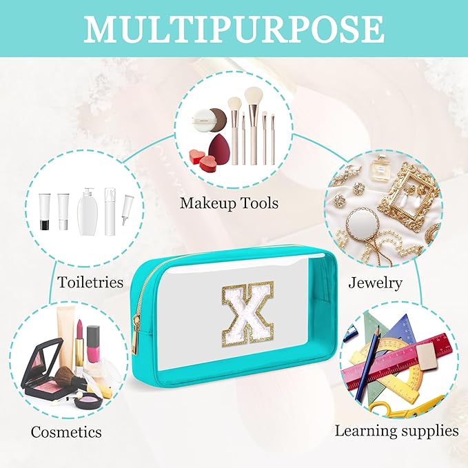 Small Clear Personalized Initial Makeup Bag, Preppy A-Z Chenille Letter Patch Cosmetic Bag, Cute Transparent Nylon Waterproof Zipper Beach Varsity Letter Pouch, Gift for Women Girls(Cyan-White X)