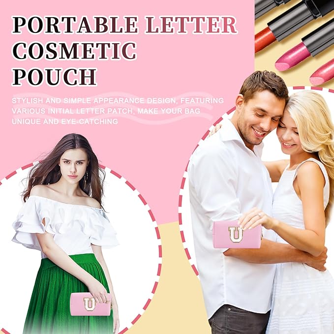 Personalized Initial Letter Patch Makeup Bag, Preppy Portable Chenille Letter Cosmetic Bag with Zipper, PU Leather Waterproof Travel Toiletry Bag Monogram Make Up Pouch for Women Girls