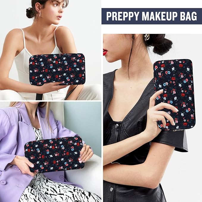 Nylon Small Floral Makeup Bag for Purse, Cute Preppy Makeup Bag Cosmetic Zipper Pouch Purse, Waterproof Portable Travel Set Toiletry Bag Make Up Brush Bag Organizer Storage for Women(Navy Blue-Flower)
