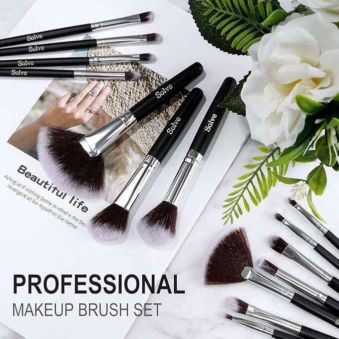 Makeup Brush Set, SOLVE 32 Pieces Professional Makeup Brushes Wooden Handle Cosmetics Brushes Foundation Concealer Powder Face Eye Make up Brushes Kit, Black