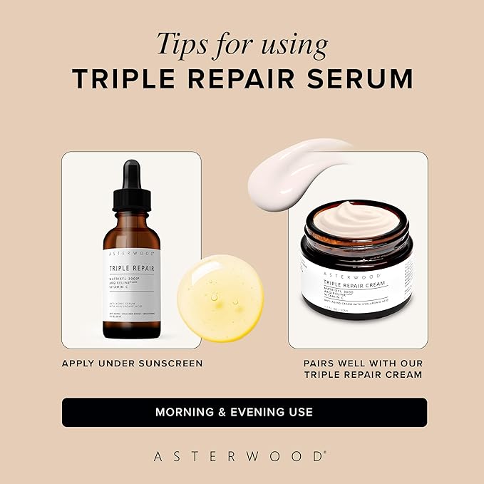 Asterwood Triple Repair Matrixyl 3000 + Argireline + Hyaluronic Acid + Vitamin C Serum for Face - Anti-Aging, Collagen Boosting, Hydrating - Fragrance-Free - 8 Fl Oz