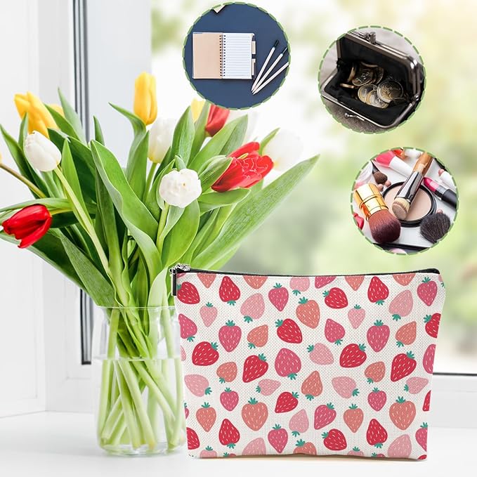4 Packs Cute Flowers Strawberry Makeup Bag Floral Cosmetic Bag Friend Friendship Gifts for Women Girls Sister Coworker Botanical Travel Organizer Zipper Pouch Christmas Thanksgiving Birthday Gifts
