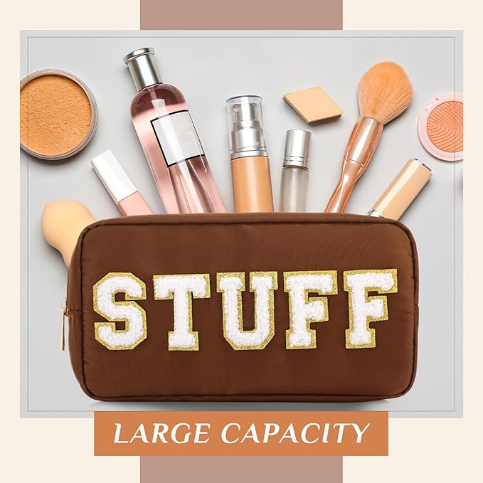 Cunno 4 Pcs Preppy Makeup Bags Chenille Letter Stuff Bag Nylon Cosmetic Pouch Cases with Zipper for Women Travel Toiletry