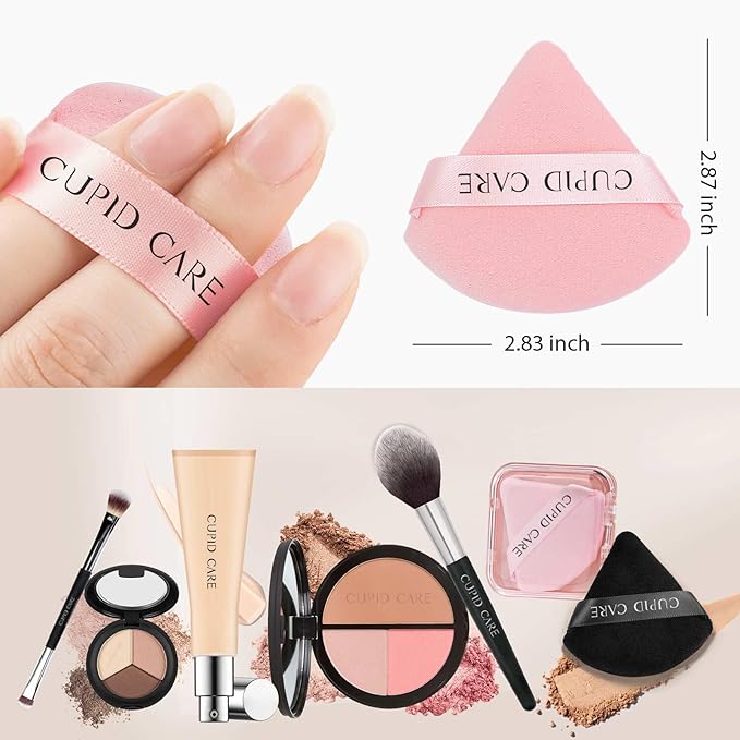 6 Pcs Triangle Powder Puff with 2 Travel Cases, Setting Powder Puffs for Face, Velour Makeup Puff for Loose Powder Body Powder, Blender Sponge Foundation Blending Sponges Beauty Tools