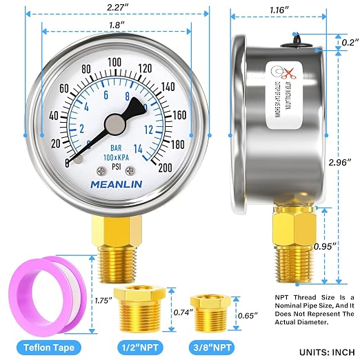 MEANLIN MEASURE 0~200Psi Dry Pressure Gauge Stainless Steel 1/4" NPT 2" FACE - Image 2